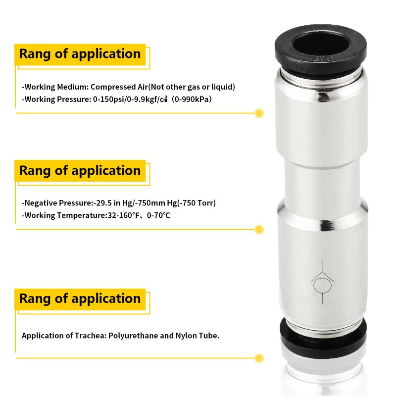 Yoebor 1/4" OD Check Valve Push to Connect One Way Inline Air Pneumatic Valves, Nickel Plated Brass & Plastic (Pack of 2) - Image 3